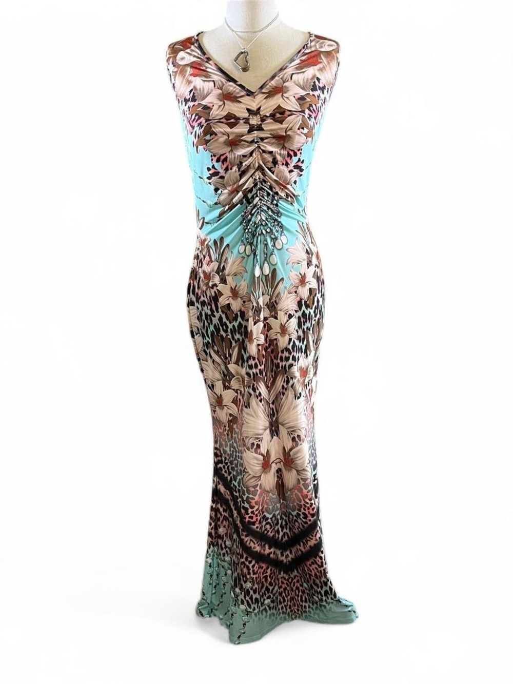 VENUS Aqua and Beige Floral Leopard Print Maxi Dress Size Medium